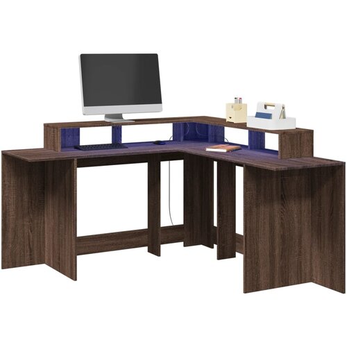 vidaXL Radni stol LED svjetlima smeđa boja hrasta 152x152x91 cm drveni Cijene