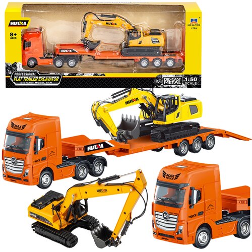Truck with Trailer Tow Metal Excavator Huina Orange 1:50 Slike