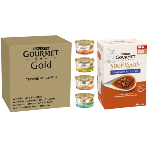 JUMBO pakiranje Gourmet Gold 96 x 85 g - Gold Terrine 96 x 85 g S povrćem + Soup Royale Riblji izbor 48 x 45 g Slike