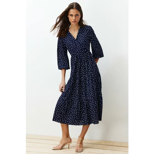 Trendyol Navy Blue Polka Dot Sash Detailed Double Breasted Skater/Belt Opening Knitted Dress