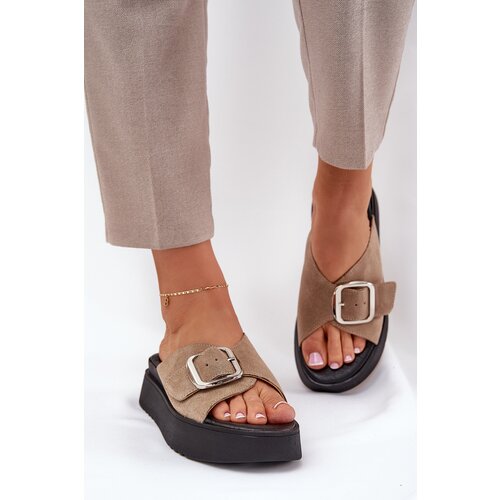 Zazoo Ladies Suede Slippers With Buckle On Platform Beige 3019 Cene