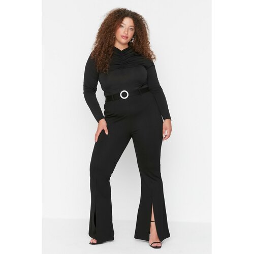 Trendyol Curve Black Knitted Trousers With Slit Detail Belt Slike