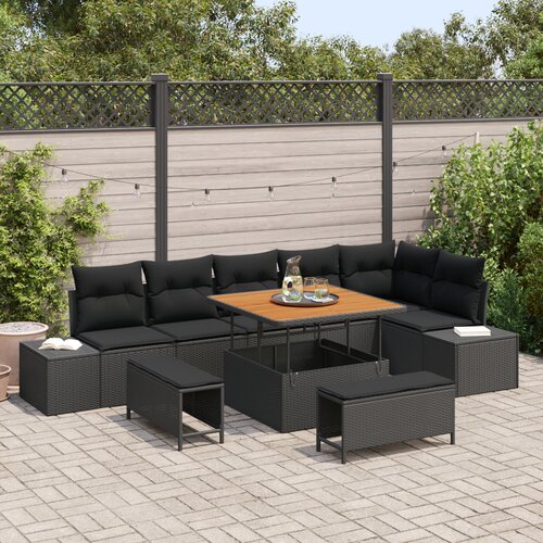 VidaXL set dvorske sofe od 9 dijelova s jastučićima crni poli ratan akacija, dvosjed dvorska sofa s pohranom i jastučićima crni poli ratan, set dvori&amp;scaron;nog blagovanja od 3 dijela s jastučićima crni poli ratan akacija Slike