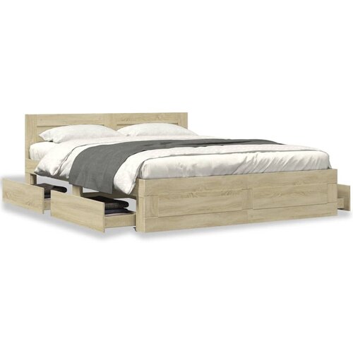 VidaXL Posteljni okvir z vzglavjem sonoma hrast 160x200 cm inž. les Slike