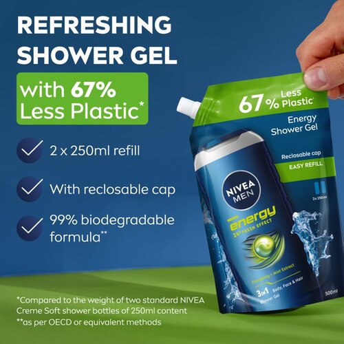 Nivea MEN Energy gel za tu&amp;scaron;iranje za mu&amp;scaron;karce zamjensko punjenje 500 ml Slike