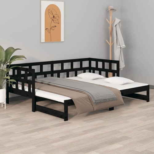 VidaXL izvlečna dnevna postelja črna trdna borovina 2x(80x200) cm Slike