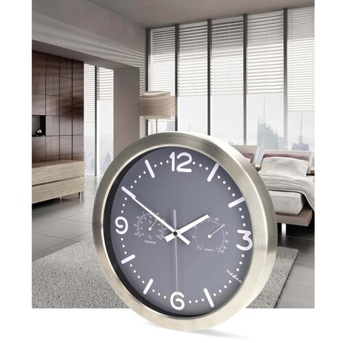 Nedis CLWA5226SS - Zidni sat sa termometrom i higrometrom, prečnika 30,5 cm, 1x AA, nerđajući čelik Slike