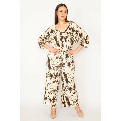 Şans Women's Plus Size Brown Batik Patterned Playsuit with Elastic Waist And Pocket Details, Wide Legs. Slike