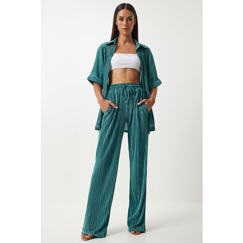 Happiness İstanbul Women's Green Pleated Shirt and Trousers Set Slike