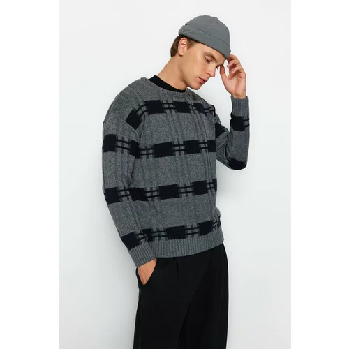 Trendyol Gray Men's Regular Fit Crewneck Square Patterned Knitwear Sweater.