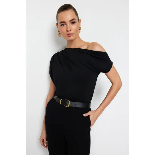 Trendyol Black Regular/Normal Fit Asymmetric Collar Zero Sleeve Stretch Knitted Blouse