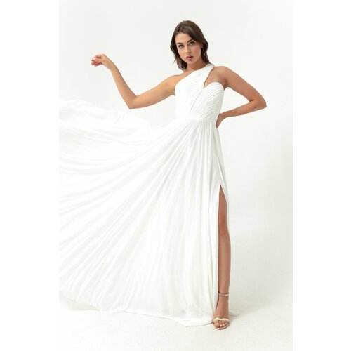 Lafaba Women's White One-Shoulder Slit Long Evening Dress Slike