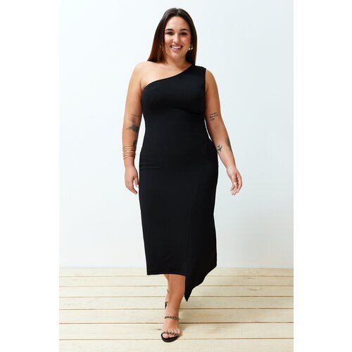 Trendyol Curve Black Single Shoulder Asymmetrical Knitted Dress Slike