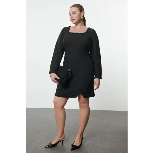 Trendyol Curve Black Square Collar Long Sleeve Finike Mini Woven Plus Size Dress