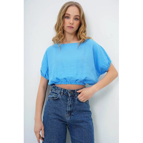 Trend Alacati Stili Ženska bluza kratkih rukava Alc-X13694, Brod izrez, Plava Cene