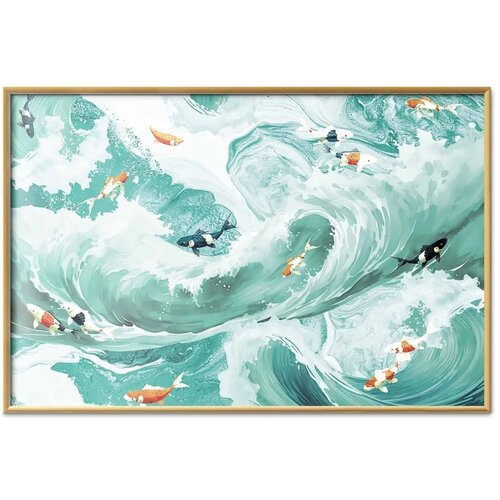  Plakat - Fish and Waves 90x60 Zlatni okvir Cene