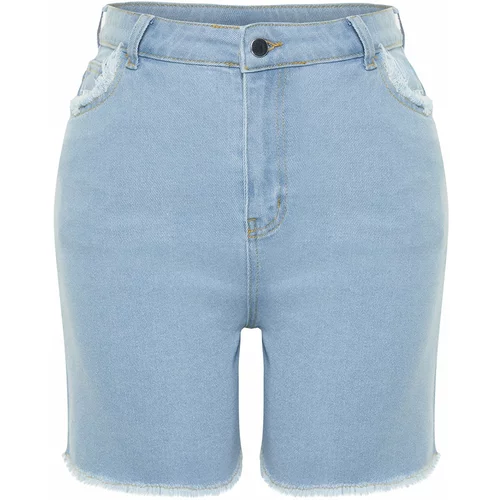 Trendyol Curve Light Blue Pocket and Hem Tassel Detail Mini Denim Shorts
