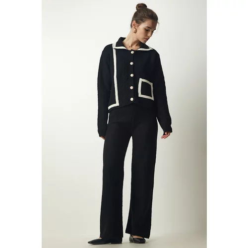 Happiness İstanbul Women's Black Stripe Detailed Knitwear Jacket Pants Suit