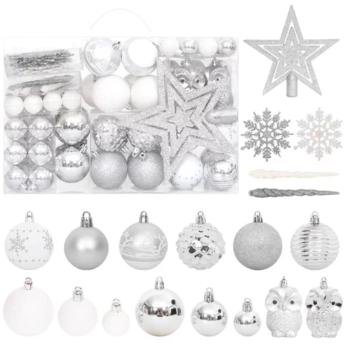 vidaXL Set božićnih kuglica od 108 komada srebrne i bijele