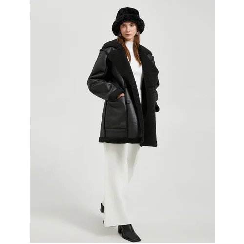 Koton Faux Leather Coat Faux Shearling Pocket Detailed Double Breasted Buttoned