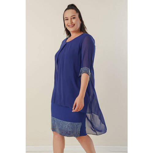 By Saygı Plus Size Short Dress With Beading Detailed Chiffon Top Sleeves And Both Slike