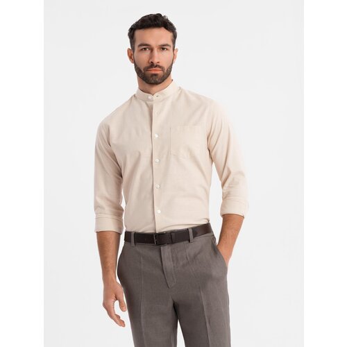 Ombre Men's linen shirt with collar and pocket REGULAR FIT - cream Cene
