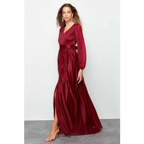 Trendyol Burgundy Satin Belt Detailed Long Evening Dress Cene