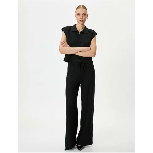 Koton Wide Leg Trousers with Tie Waist Textured Cotton