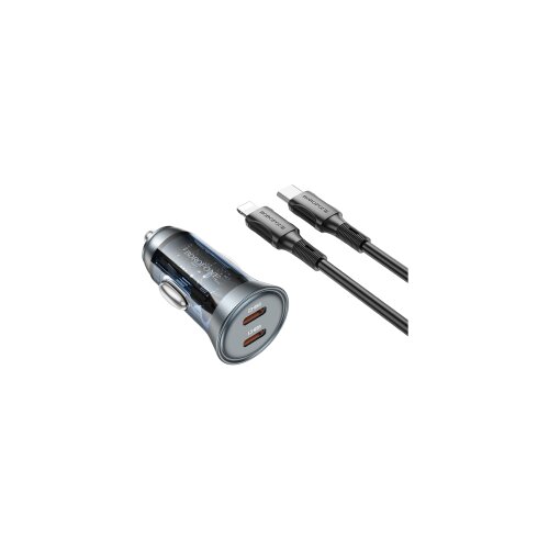  Auto Punjač sa kablom 1m Type-C to iPhone/lightning BOROFONE BZ26B Discovery PD45W 2xType-C car set transparent blue Slike