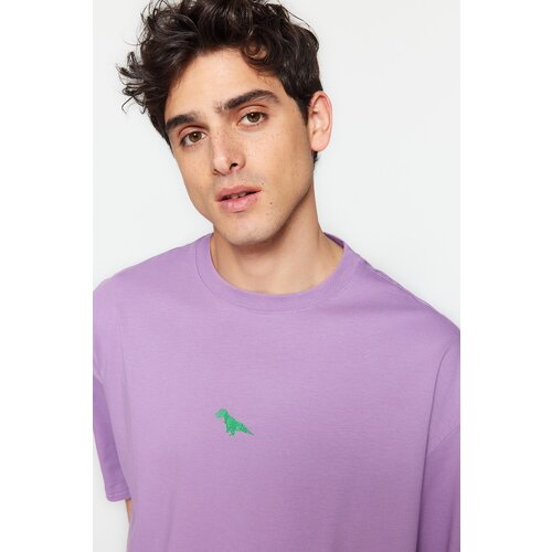 Trendyol Men's Damson Oversize/Wide-Fit Dinosaur Embroidery Short Sleeve 100% Cotton T-Shirt Cene