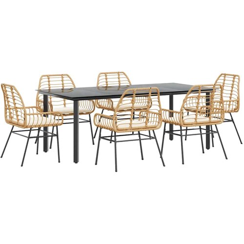  7-dijelni vrtni blagovaonski set s jastucima poliratan i staklo Smeđa 200 x 100 x 74 cm Slike