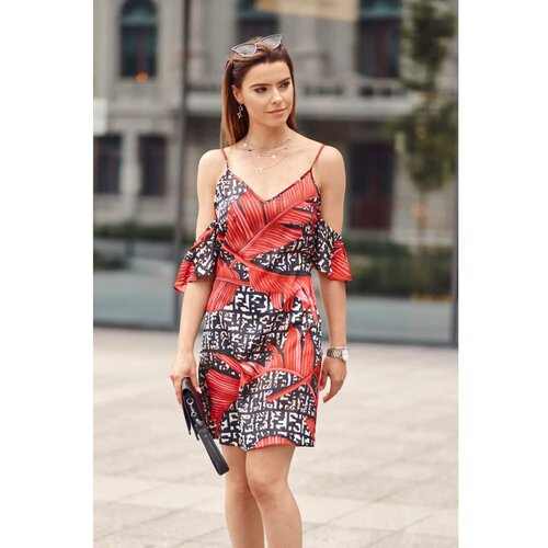Fasardi Dress on straps with sleeves in red leaves black Slike