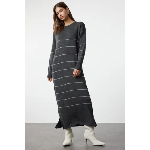 Trendyol Gray Anthracite Striped Long Knitwear Dress