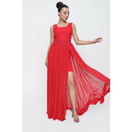 By Saygı Rhinestone Waist Decollete Skirt Chiffon Short Lined Dress Red Slike