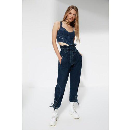 Trendyol X Sagaza Studio Navy Blue Belted Ruffle Detailed Jeans Slike