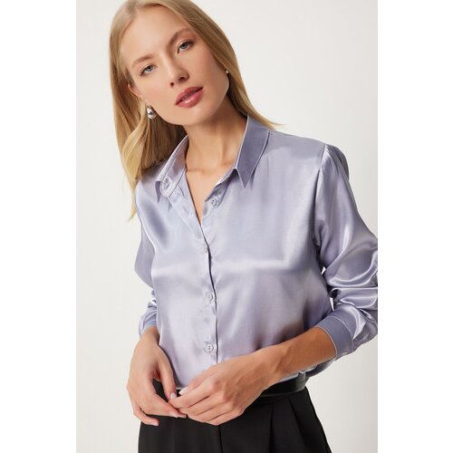  Women's Gray Lightly Draped Satin Surface Shirt Cene