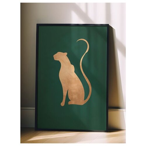 Wallxpert uramljena slika 115222, zlatna silueta pantera na tamnozelenoj pozadini, 50 x 70 cm, crni ram Slike