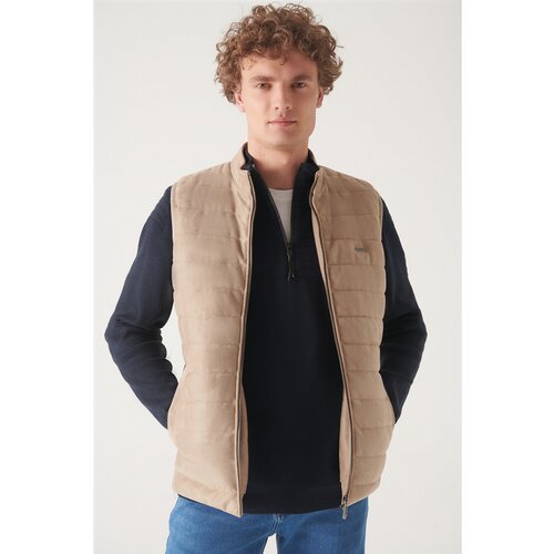 Avva Men's Beige High Neck Faux Suede Quilted Comfort Fit Relaxed Cut Puffer Vest Cene