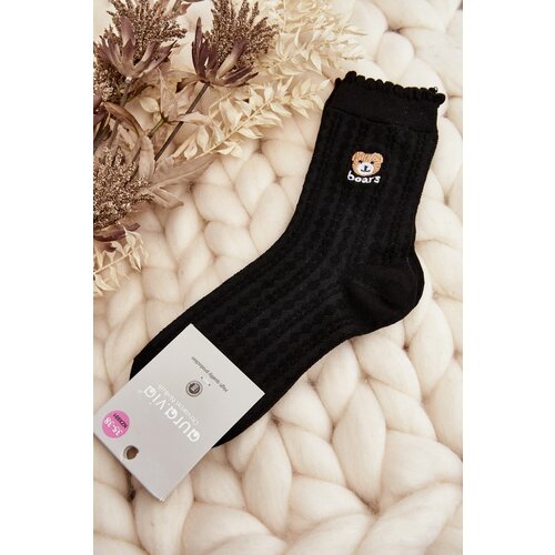 Kesi Patterned socks for women with teddy bear, black Slike