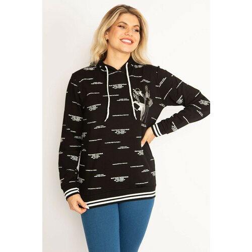 Şans Women's Large Size Black Hooded Hem and Cuffs Glittery Ribbed Printed Sweatshirt Slike