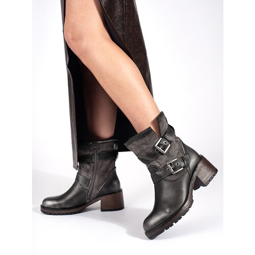 Shelvt Dark brown metallic women&amp;#039;s heeled ankle boots with buckles Slike