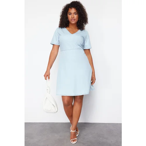 Trendyol Curve Light Blue V-neck Tencel Mini Denim Dress