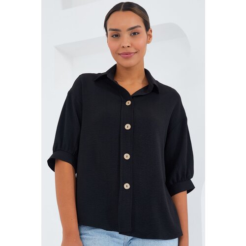 Bigdart Women's Black Short Sleeve Oversize Linen Shirt 20240 Slike