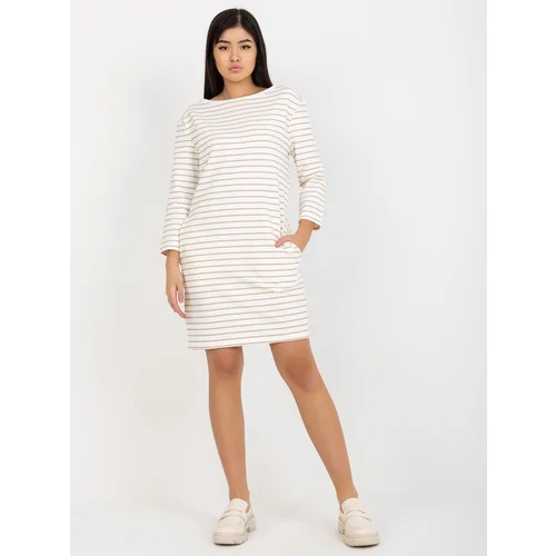 Fashion Hunters Ecru-beige women's basic striped dress from RUE PARIS