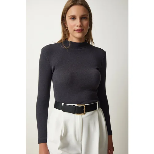  Women's Anthracite Turtleneck Ribbed Knitted Blouse