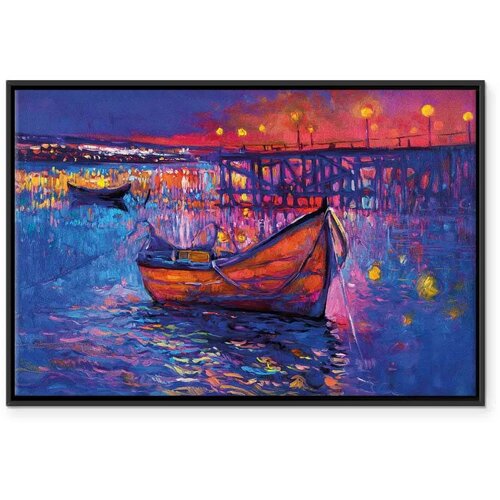  Slika - Modern impressionism - night landscape of a lake with a floating boat 120x80 U crnom drvenom okviru Slike