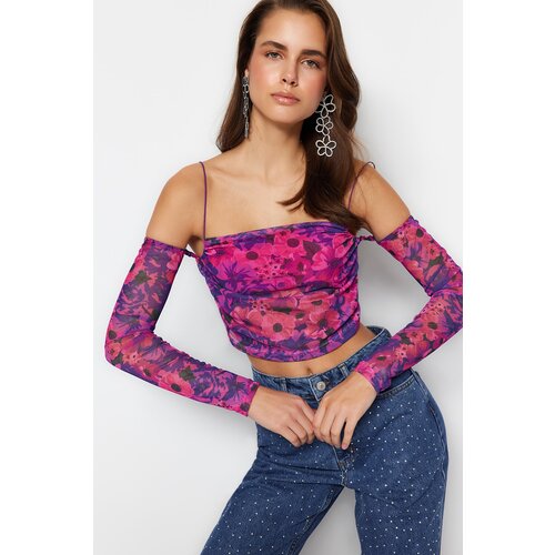 Trendyol Pink-Multicolored Crop Lined Tulle Printed Blouse Cene