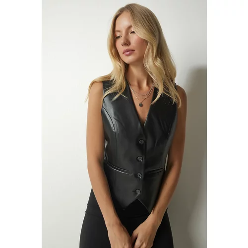 Happiness İstanbul Women's Black Fitted Faux Leather Vest