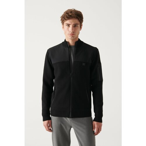 Avva Men's Black Wool Blended Parachute Fabric Detailed Zippered Standard Fit Regular Cut Cardigan Coat Slike