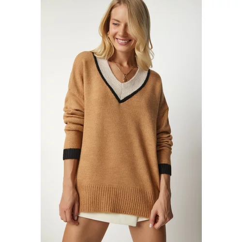 Happiness İstanbul Women's Biscuit V-Neck Oversized Knitwear Sweater